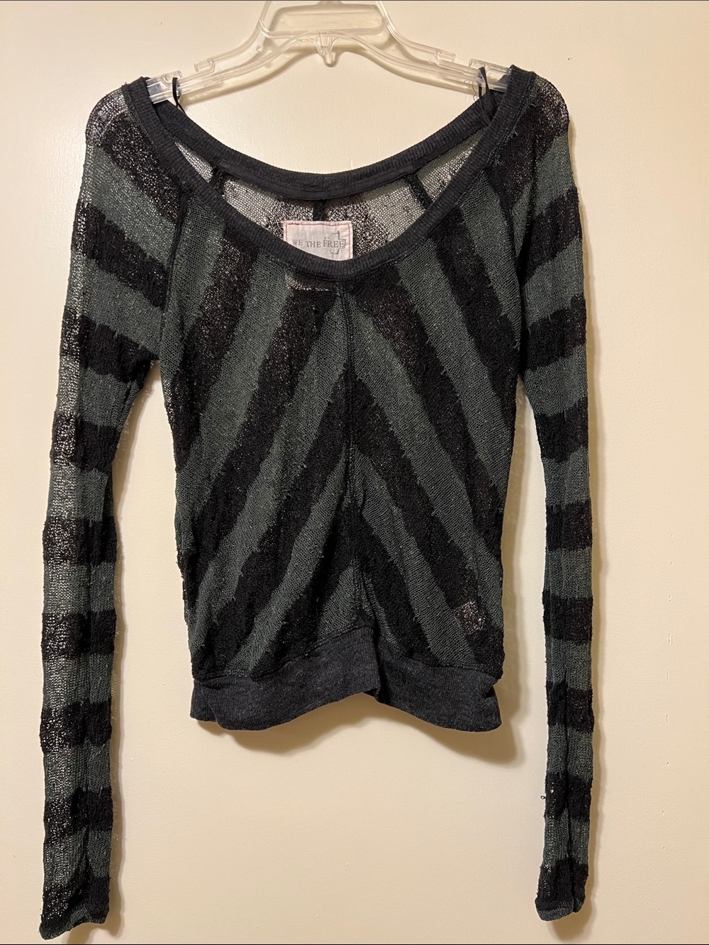 Net- Striped Sheer Long-Sleeve Top - Black and Dark Green